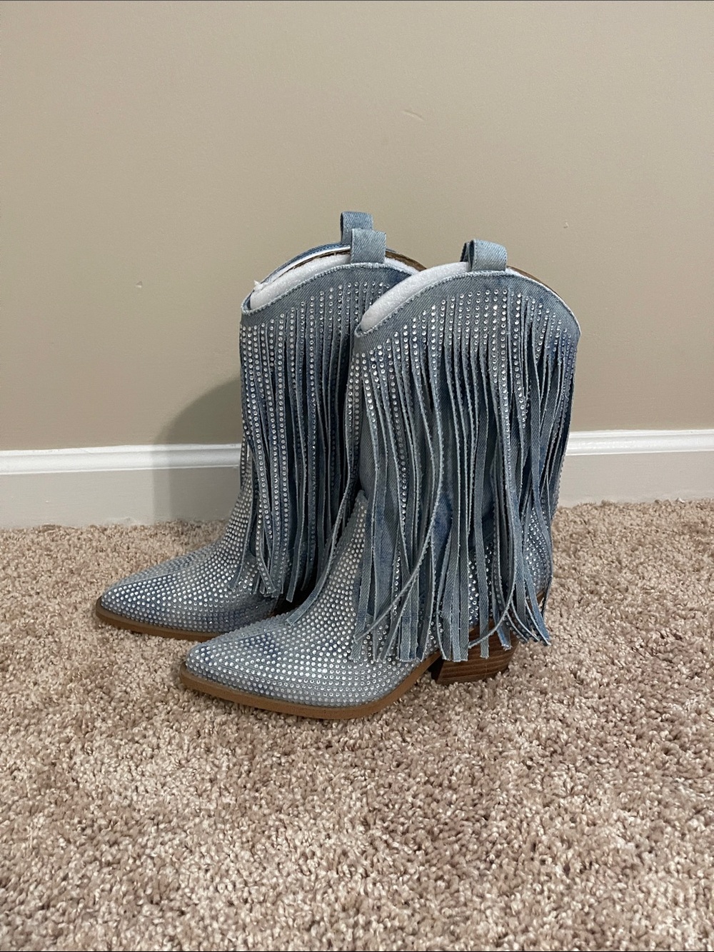 Jessica Simpson Powder Blue Fringe Rhinestone Ankle Boots